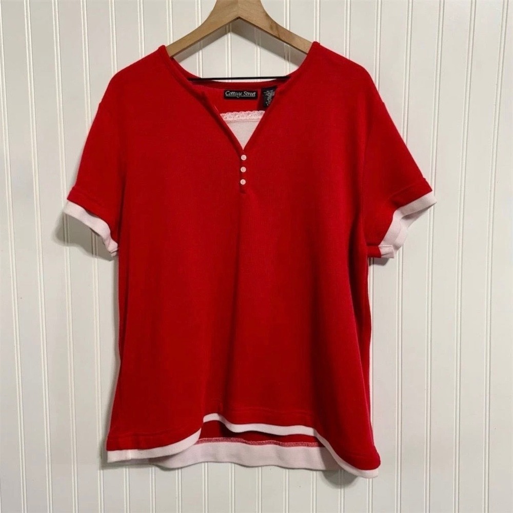 Vintage Cottage Street Plus Size 1X Red Mock Layered V-Neck Henley Top Y2K 90s